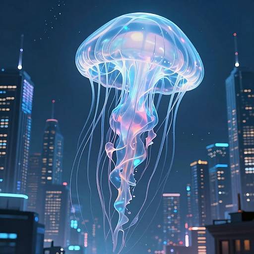 Glowing blue and white jellyfish floats above a neon-lit cityscape with tall skyscrapers, creating a surreal, futuristic nighttime scene.