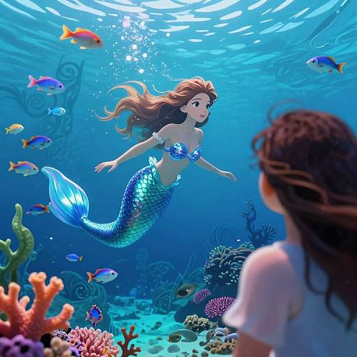 Digital illustration of a mermaid with blue scales and a shiny tail, swimming in an underwater coral reef, surrounded by colorful fish, observed by a woman