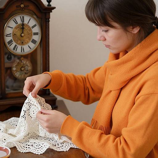 Photograph of a woman with brown hair, wearing an orange sweater and matching scarf, delicately holding a white lace doily, beside a vintage wooden