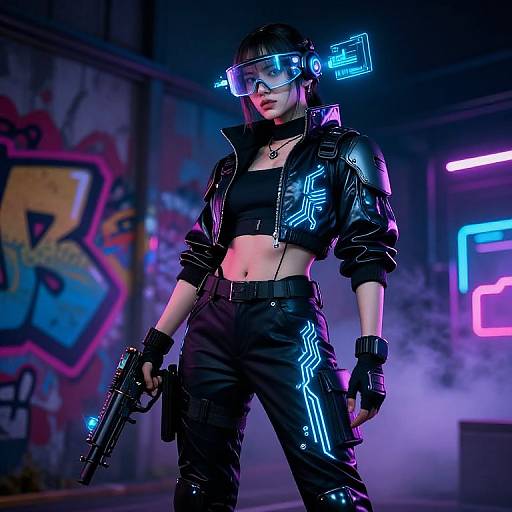Cyberpunk woman in neon-lit warehouse, wearing reflective visor, black leather jacket, crop top, and pants, holding gun, futuristic neon