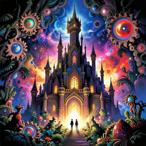 Fantasy Castle with Cosmic Jungle and Two Silhouettes
