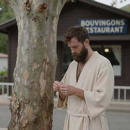 Bearded man in beige robe beside tree trunk