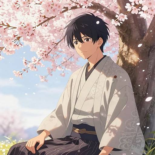 Anime-style drawing of a young man with black hair, wearing a white kimono, sitting under cherry blossoms, with sunlight filtering through.