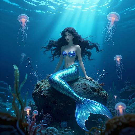 Digital art: Enchanting mermaid with long dark hair, blue sequined tail, and shell bra, floating beneath glowing jellyfish in a deep