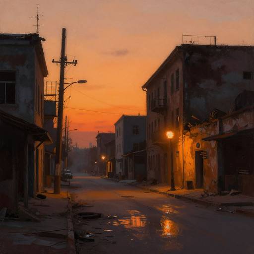 Photograph of a deserted, dimly lit urban street at sunset, with orange and pink sky, reflecting on wet pavement, and silhouetted