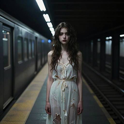 Melancholic Ghost on Neon Subway Platform