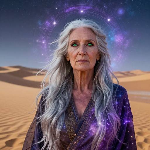 Photorealistic digital art of an elderly woman with long, white, wavy hair, glowing green eyes, wearing a starry, dark purple robe