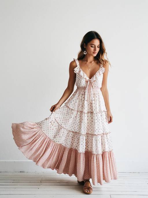Woman in Romantic Bohemian Tiered Maxi Dress