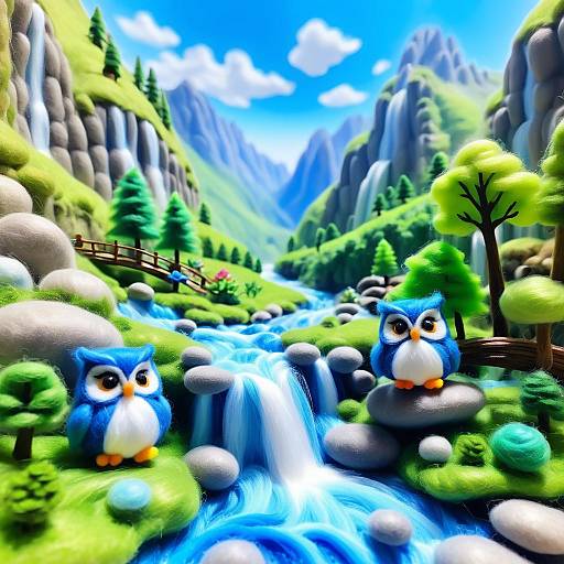 Playful Needle-Felted Mountain River with Owl