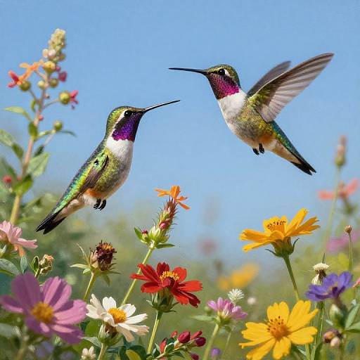 Photograph of two vibrant hummingbirds with iridescent green and purple feathers, hovering above a colorful field of blooming flowers under a clear blue sky