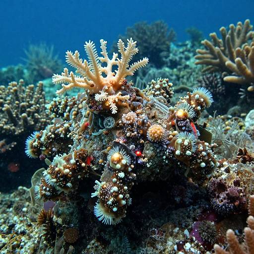 Photograph of vibrant underwater coral reef, featuring white and orange branching corals, surrounded by diverse sea anemones and colorful sponges, set