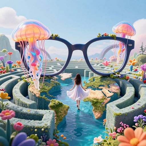 Digital art: Girl in white dress faces giant glasses with jellyfish, standing in colorful, flower-filled maze with blue water. Bright, whimsical,