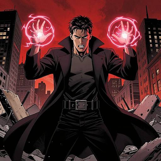 Digital anime-style illustration of a fierce, black-haired man in a long coat, standing in a ruined cityscape, with glowing red energy spheres in his
