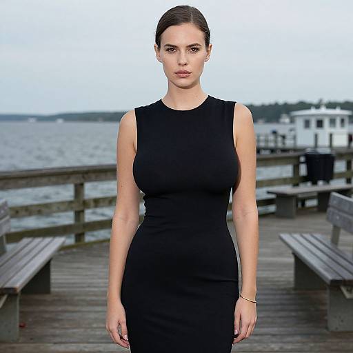 Photograph of a serious, fair-skinned woman with dark hair in a sleek updo, wearing a form-fitting black sleeveless dress, standing