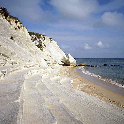 Photograph of a sunlit, white chalk cliff coastline with blue sky, gentle ocean waves, and sandy beach with textured patterns.