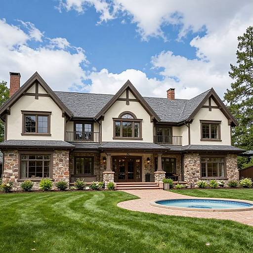 Photograph of a two-story, Tudor-style house with stone accents, dark brown trim, gabled roof, arched windows, and a circular