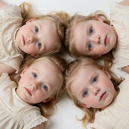 Photograph of three blond, blue-eyed girls with fair skin, wearing white lace dresses, lying side by side on a white background.