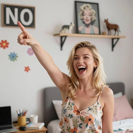 Joyful Blonde in Colorful Bedroom Scene