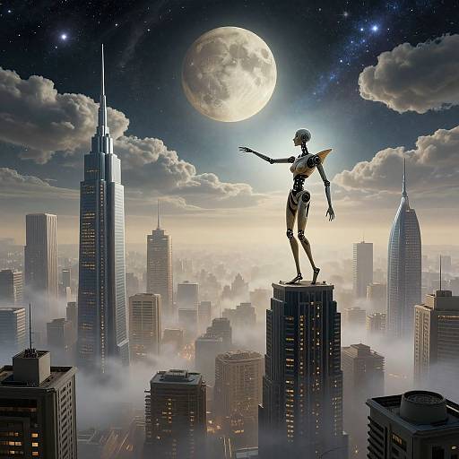 Digitally illustrated scene of a futuristic, winged humanoid standing on a skyscraper rooftop, pointing at a full moon over a misty, starry