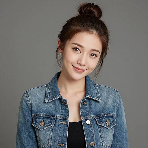 Photograph of a young Asian woman with fair skin, dark hair in a bun, wearing a blue denim jacket over a black top, smiling gently against