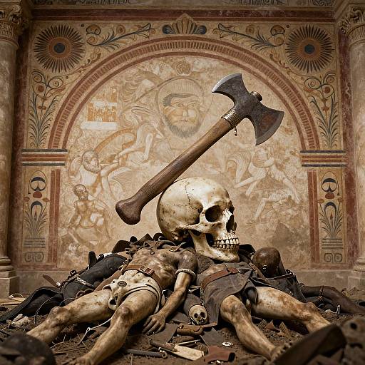 Photograph of a grim scene with a skull and axe on a pile of dead, disfigured bodies in a decorated, ancient-style room. Mur