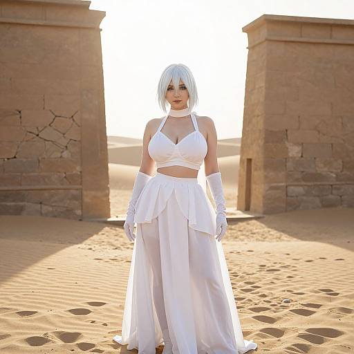 Digital art of a white-haired woman in a white, halter-neck top and long skirt, standing in a desert between stone arches. Bright sunlight