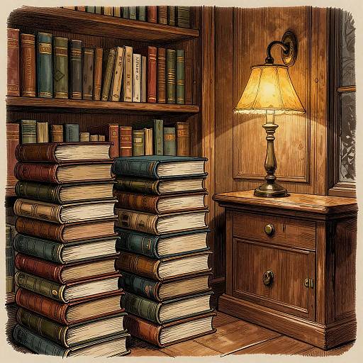 Cozy library scene: stacked vintage books beside a wooden nightstand with a warm, lit lamp, wooden shelves, and rich, earthy tones.