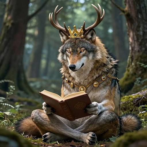 Digital illustration of a majestic wolf with antlers and a gold crown, sitting in a forest, reading an open book. The wolf wears a golden necklace