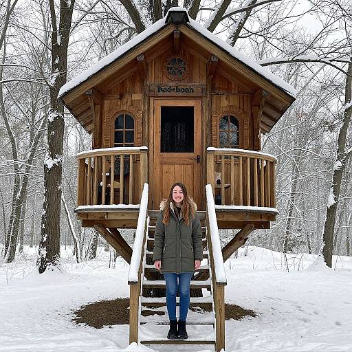 Photograph of a smiling woman in a dark green coat standing on snow-covered wooden stairs in front of a rustic, wooden treehouse in a snowy,