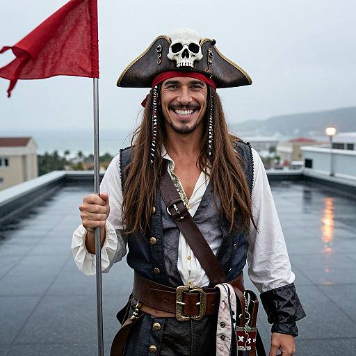 Photograph of a smiling man with long brown hair, wearing a pirate hat with a skull, black vest, white shirt, and holding a red flag