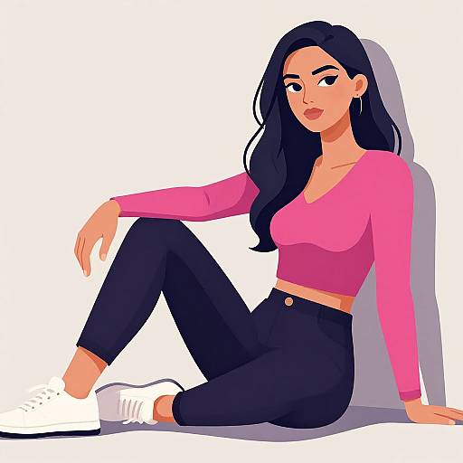 Digital illustration of a confident woman with long black hair, pink crop top, black pants, white sneakers, and hoop earrings, sitting against a white background