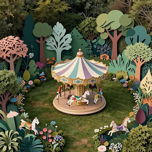 Whimsical paper-cut style illustration of a colorful carousel in a vibrant, detailed garden surrounded by oversized flowers, trees, and playful animals.