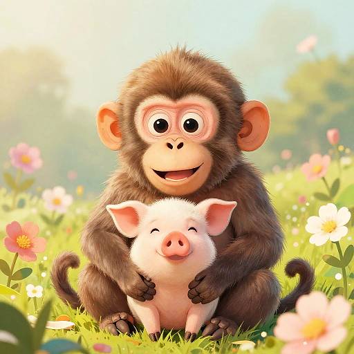 Joyful Monkey-Pig Fantasy Illustration