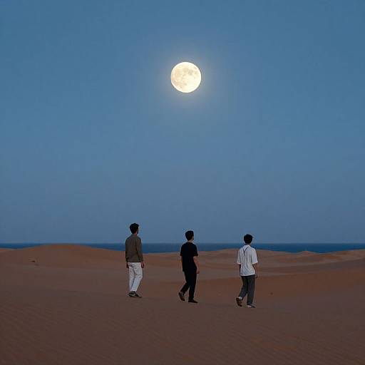 Photograph of three men walking in a desert at twilight, under a bright full moon in a clear blue sky.