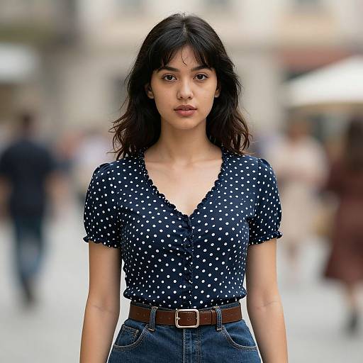 Photograph of a young Asian woman with long black hair, wearing a navy polka dot blouse and brown belt, standing in a blurred urban street background