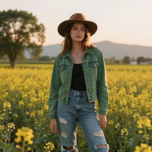 Confident Woman in Flower Field at Sunset
