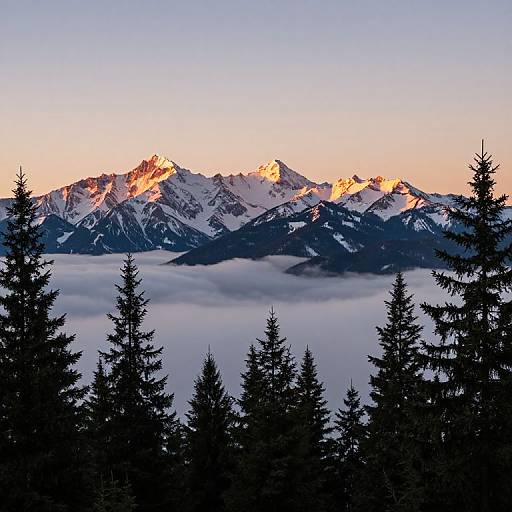 Photograph of a snow-capped mountain range at sunrise, with golden light illuminating peaks, silhouetted evergreen trees in foreground, and