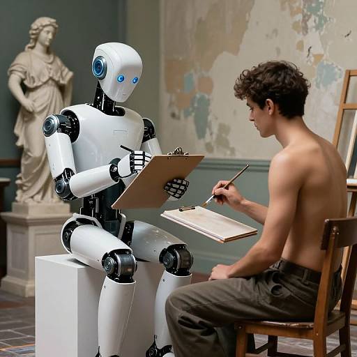 A shirtless, brown-haired man sketches a white, blue-eyed robot seated with a clipboard in a room with a classical statue and peeling paint.