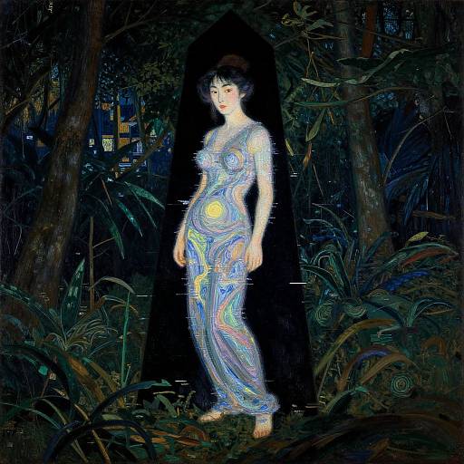 Digital art: A glowing, ethereal woman with short dark hair, in a swirling, neon-blue dress, stands in a dark, dense forest with
