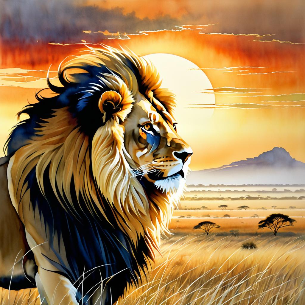 Majestic Lion in Sunset Savanna