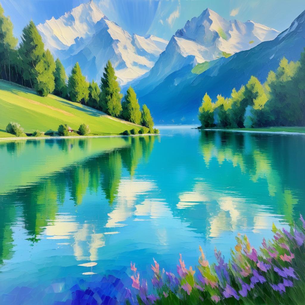 Serene Lake in Swiss Alps - Impressionist Style