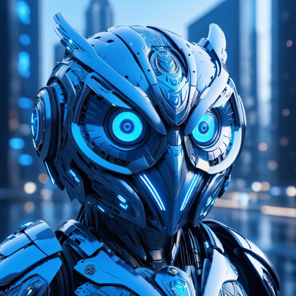 Hyper-Realistic Blue Robotic Owl Portrait