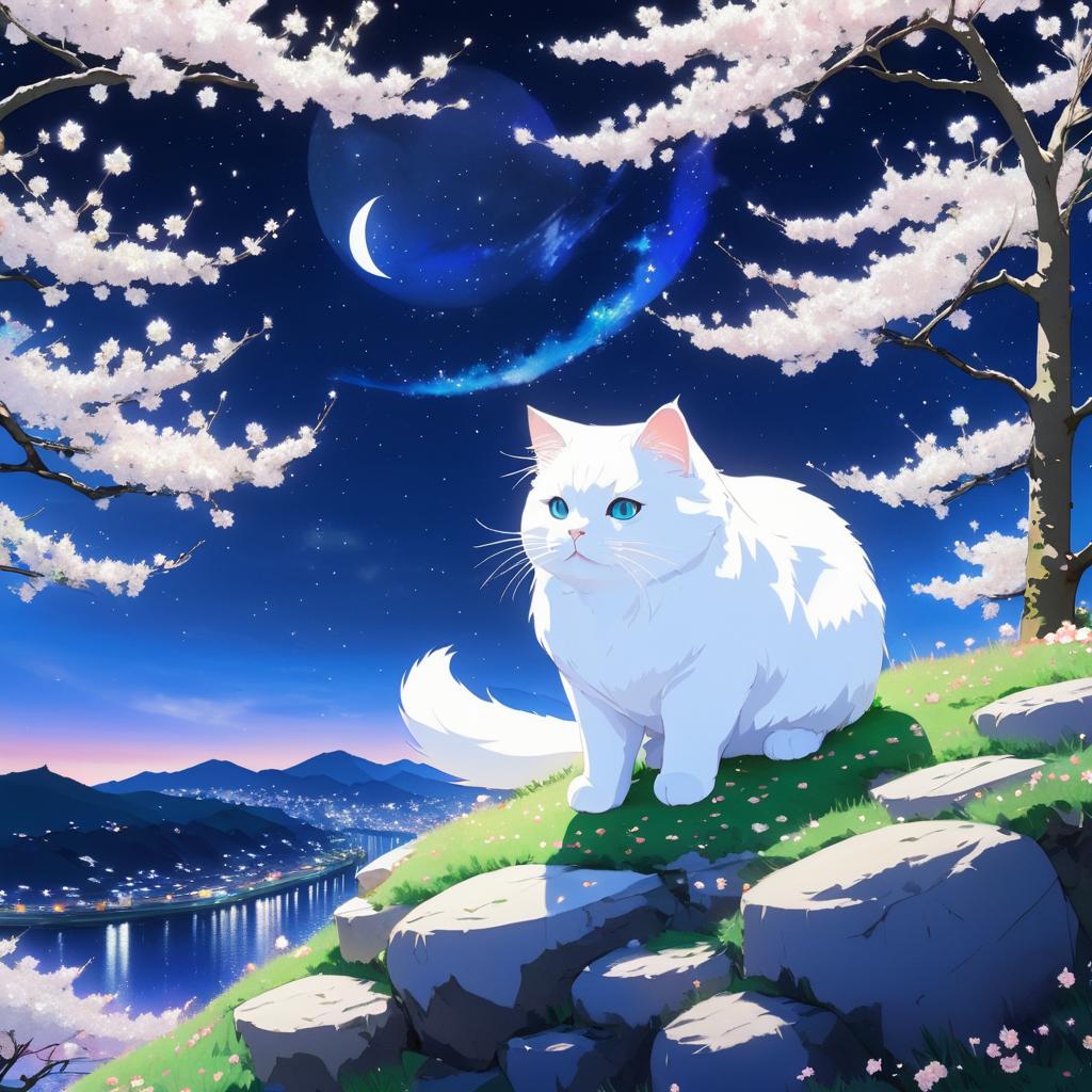 Chubby Cat Amidst Cherry Blossoms Night