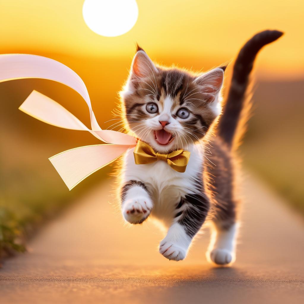 Playful Kitten Chasing Ribbon at Sunset