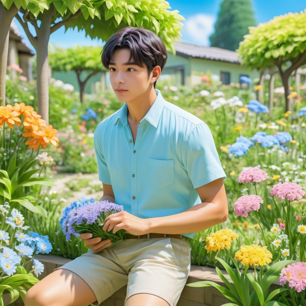 Thoughtful Young Man in Vibrant Garden