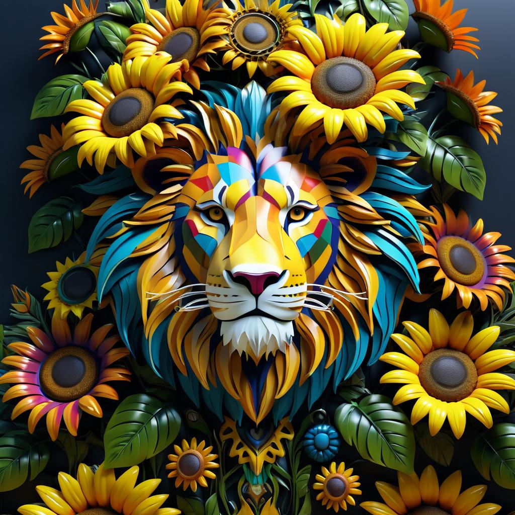 Vibrant Lion Hybrid with Sunflowers and Cyborg Elements