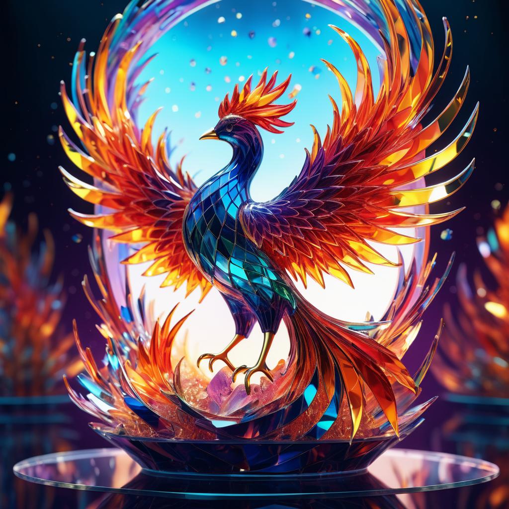 Vibrant Glass Phoenix in Surreal Atmosphere