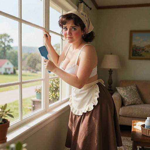 Photograph of a curvy woman with fair skin, brown hair, and blue eyes, wearing a vintage maid outfit, cleaning a window in a sun