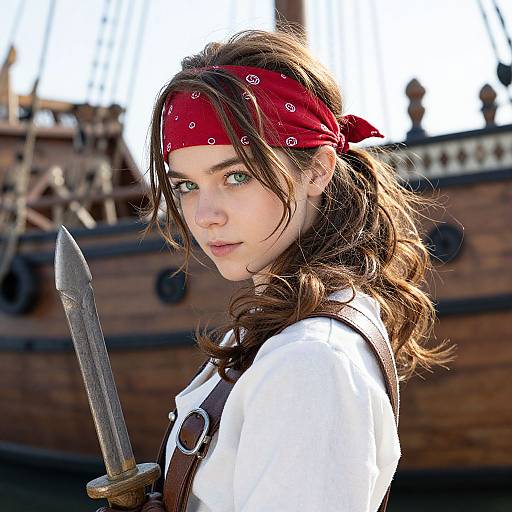 Photorealistic digital artwork of a young woman with green eyes, brown wavy hair, red bandana, white shirt, brown vest, holding a