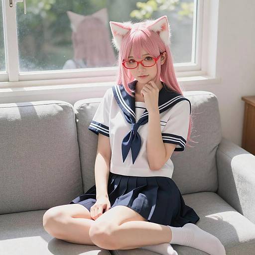 Young Woman with Pink Hair in Sailor Uniform